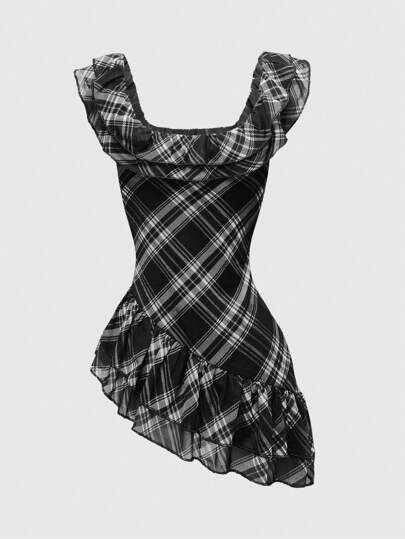 J-Fashion Top asimmetrico vintage a quadri in stile Y2K