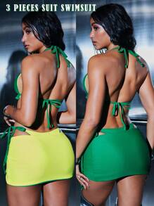 Swim EVENT Women's Plain Ruffled Halter Tie Bikini Set With Mini Skirt For Summer Beach Vacation - Multicolor - View 2