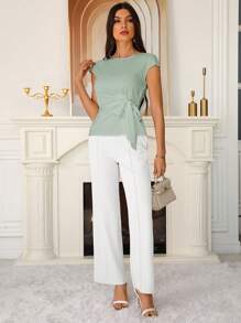 Modelyn Women's Solid Color Round Neck Knot Elegant Work Blouse For Summer - Green - View 6