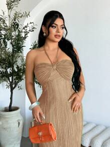 SHEIN SXY 女式夏季海滩度假风格纯色荷叶边吊带连衣裙 - 卡其色 - 查看 3