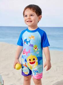 BABY SHARK X SHEIN Baby Boy Cartoon Shark Pattern Raglan Sleeve Back Zipper One-Piece Swimsuit - Multicolor - View 4