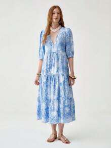 Florisole Damen Boho V-Ausschnitt Puffärmel Bindetaille locker sitzend blaues Muster Maxikleid, Frühling/Sommer - Blau - Übersicht 6