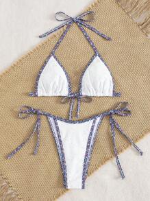 Swim Mod 2pcs Ditsy Floral Embroidery Knot Front Bikini Set, Fresh Ditsy Floral Pattern, Vacation Style, Summer