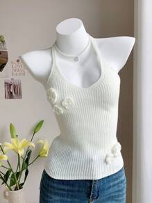 Comfortcana Áo croptop dệt kim cổ yếm họa tiết hoa 3D màu trắng mùa hè, thích hợp mặc đi biển cho nữ. - trắng - Xem 4