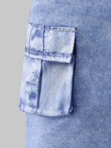 SHEIN Set de 2 piezas para chicas preadolescentes: Top de punto de cuello cuadrado de unicolor y mono con tirantes, talla grande falda mini estilo denim con estampado de teñido anudado en azul, conjunto de verano