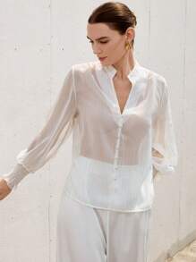 Aveloria Modichic 女士轻薄透明雪纺褶皱灯笼袖衬衫，夏季透明面料