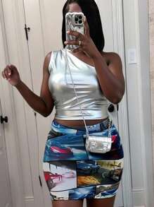 Slaydiva Women One Shoulder Crop Top & Bodycon Skirt Two Pieces Outfits For Daily Wear, Rave - Multicolor - View 7