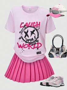 SHEIN ChillGRL 2pcs/Set Tween Girl Printed Top And Pleated Mini Skirt Set - Hot Pink - View 3