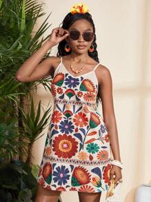 SHEIN Teen Girls V-Neck Casual Colorful Floral Retro Print Strap Mini Dress, Suitable For Spring/Summer, Beach, Holiday, Boho Girl, Beach Vacation Outfits - Multicolor - View 5