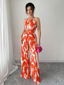 SHEIN Elenzya 女士印花面料束腰连体裤，优雅的假日和日常穿着 - 橘色 - 查看 5