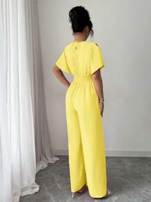 Elenzga Women's Solid Color Waistline Design Elegant Everyday & Holiday Jumpsuit - Yellow - View 2