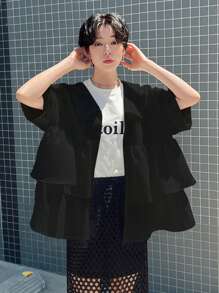 FRIFUL Women's Solid Color Loose Casual Short Sleeve Shirt With Ruffle Hem - Black - View 1