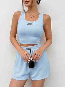 SHEIN EZwear 夏季蓝色针织无袖女式背心套装 - 藍色 - 查看 4