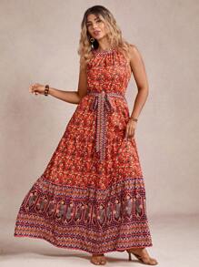 SHEIN VCAY 大码无袖全身复古印花休闲时尚连衣裙女士西式服装波西米亚风女装乡村演唱会服装热带度假女装 - 紅木色 - 查看 4