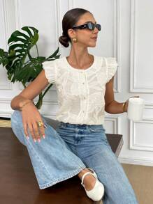 SHEIN Frenchy Blusa de moda con cuello redondo, abotonada, de manga corta y jacquard, para verano