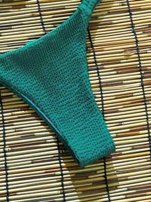 Swim Chiccia Damen Sommer Strand einfarbige Jacquard Material Spaghetti-Träger Metallschalendekor Sexy Bikini-Set - Grün - Übersicht 5