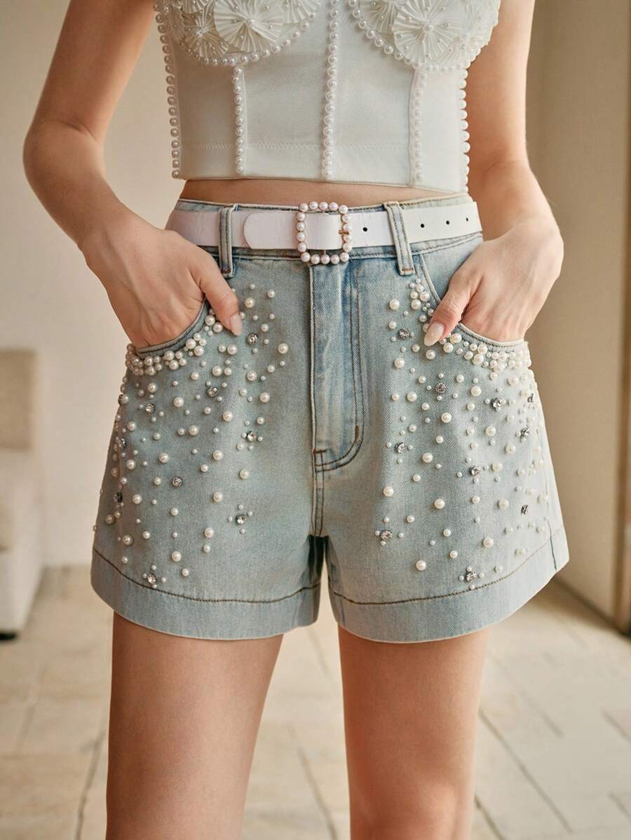 Anewsta Elegant Beaded Oversized Versatile Ladies' Denim Shorts - Blue - View 1