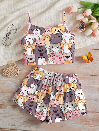 Tween Girls Cartoon Cat Print Casual Slim Fit Camisole Top & Shorts Pajama Set, Suitable For Summer