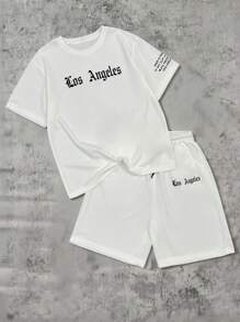 SHEIN 2件套青少年男童时尚白色T恤和白色短裤休闲装