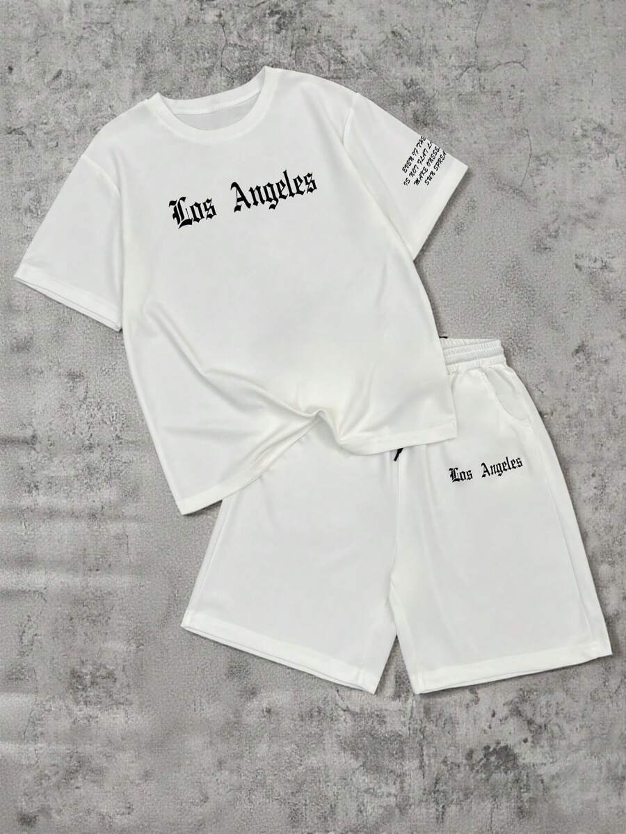 SHEIN 2件套青少年男童时尚白色T恤和白色短裤休闲装