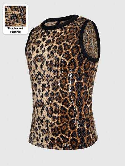 ROMWE Avant Camiseta sin mangas ajustada con estampado de leopardo y lentejuelas para hombres, moda de verano