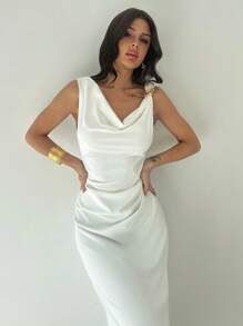 Firerie 女士白色不对称领口褶皱腰中长连衣裙，性感优雅通勤连衣裙，节日连衣裙，时尚别致，春夏装，通勤，优雅，性感，度假，海滩，夏威夷，婚礼季，毕业礼服，舞会 - 白色 - 查看 3