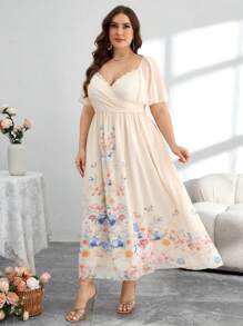 Modelyn Đầm Maxi Chiffon Cinched Eo Thanh Lịch Cho Nữ Cỡ Lớn In Hoa - Màu be - Xem 4