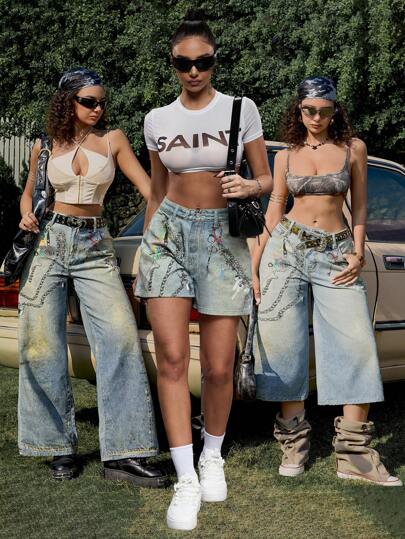 SHEIN ICON Plus Size Women Watch Pattern Pocketed Wide Leg Casual Denim Shorts