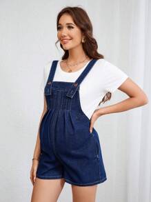 SHEIN 孕妇牛仔背带裤和连体裤，时尚夏季连体衣 - 中等水洗藍 - 查看 3