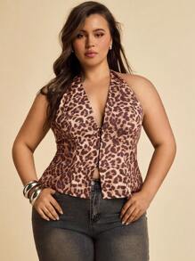 SHEIN BAE Regata de Estampa de Leopardo Vintage Marrom com Decote em V para Mulheres Plus Size, Ideal para Praia, Férias, Encontros, Saídas, Festivais de Música, Festivais de Música Country, Festas, Feriados, Concertos, Carnaval, Estilo Hippie, Traje Profissional - Multicolorido - Visão 2