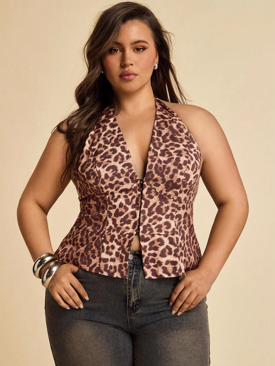 SHEIN BAE Regata de Estampa de Leopardo Vintage Marrom com Decote em V para Mulheres Plus Size, Ideal para Praia, Férias, Encontros, Saídas, Festivais de Música, Festivais de Música Country, Festas, Feriados, Concertos, Carnaval, Estilo Hippie, Traje Profissional