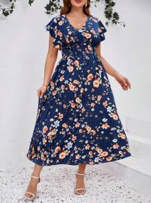 SHEIN Clasi Plus Size Women's Blue Floral V-Neck Ruffle Hem Dress,Mother's Day,4th Of July, Graduation Dress,Church Outfits Women ,Summer Tops, Church Outfits Women, Ruffle,Summer Outfits For Women,Mother Day Outfit,Summer,Summer Dresses For Women,Summer Dress,Church Clothes Women,Blue Dresses For Women,Navy Blue Dress Women - Multicolor - View 6