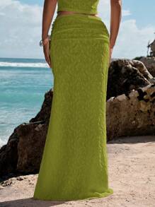 Opulessa Solid Color Knitted Mermaid Style Tight Bodycon Skirt For Women - Olive Green - View 2