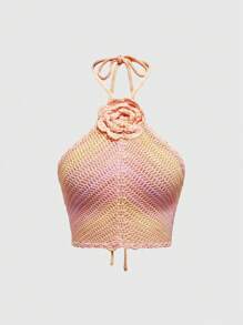 ROMWE Rétro Y2K Dégradé de coucher de soleil Décoration florale rose 3D au crochet fait main Tricot Débardeur à encolure ras-du-cou - Rose bonbon - Voir 6