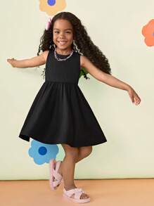 Vestido ajustado de cuello redondo sin mangas de unicolor para niña joven - Negro - Ver 4