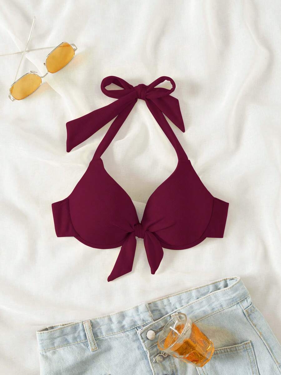 Swim Chiccia 2026 春夏聚拢特殊面料蝴蝶结吊带酒红色凸显胸部优雅女士比基尼上衣 - 酒紅色 - 查看 1
