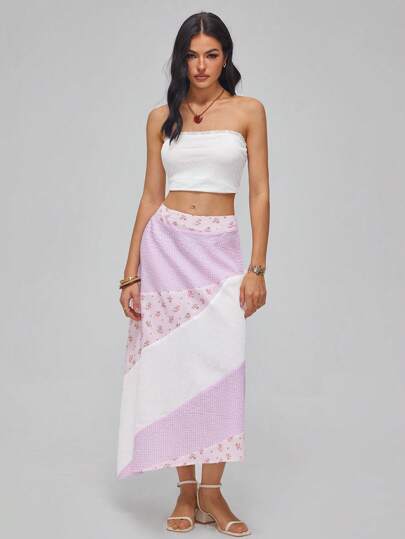 Roylia Women's Low Waist Contrast Color Plaid Contrast Lace Asymmetrical High-Low Hem Romantic Country Style A-Line Skirt