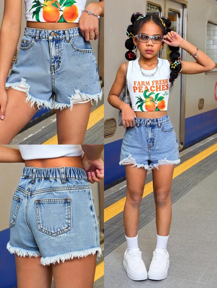 SHEIN Shorts vaqueros de verano informales azules con cierre de cremallera para niñas