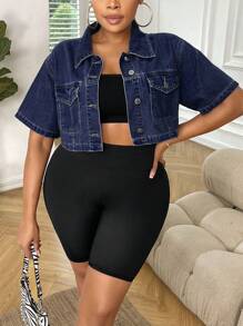 SHEIN CURVE+ 女式加大码牛仔蓝色翻领短袖短款夹克 - 深色水洗藍 - 查看 1