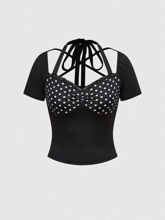 Camiseta corta con nudo delantero y lunares, estilo Y2K versátil