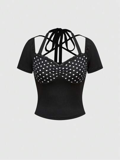 Camiseta corta con nudo delantero y lunares, estilo Y2K versátil