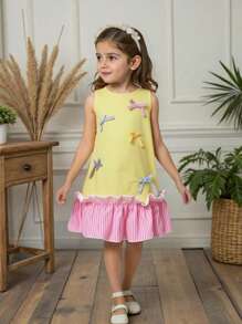 Vestido casual sin mangas de cuello redondo con parches y lazo para niñas, nuevo diseño para primavera y verano