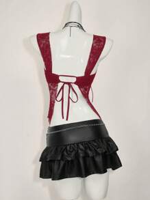 SHEIN ICON 女式蕾丝后背系带开衩性感时尚背心 - 酒紅色 - 查看 9