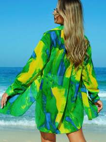Swim Vcay Allover Print Button Front Kimono - Dark Green - View 2