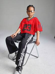 Coolane Kids 青少年女孩春夏V领网眼面料字母和数字印花宽松短款T恤