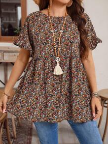 EMERY ROSE Plus Size Women's Printed Round Neck Short Sleeve Ruffled Babydoll Blouse, Tunic Top, Summer, Mother Day, Country Concert, Boho, Western, Vacation Woman, Summer Fashion - Multicolor - View 1
