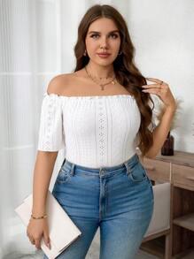 SHEIN LUNE Camiseta de mujer de talla grande de manga corta y hombros descubiertos con bordado floral, adecuada para vacaciones y atuendos de verano para mujer, blusas de verano para salir - Blanco - Ver 4