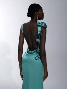 Elitara Elegante abito da donna verde oliva in raso, minimalista, con spalle scoperte, decorazioni floreali, frange, taglio a sirena e schiena scoperta, adatto per appuntamenti, vacanze, matrimoni, damigelle