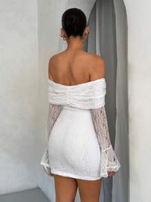 SHEIN BAE 秋冬纯白色性感简约露肩蝴蝶结蕾丝边修身长袖女士优雅迷你连衣裙，适合鸡尾酒会、浪漫约会、分层搭配、派对、正式聚会、夜间外出、婚礼宾客礼服、万圣节、圣诞节