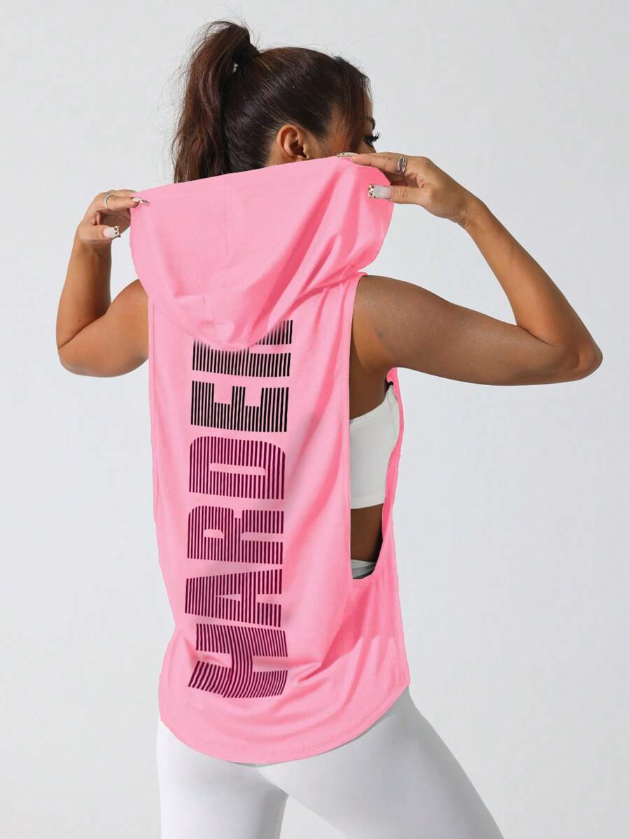 Slayform Women Letter Print Hoodie Active Racerback Tank Top For Everyday Workout - Pink - View 1